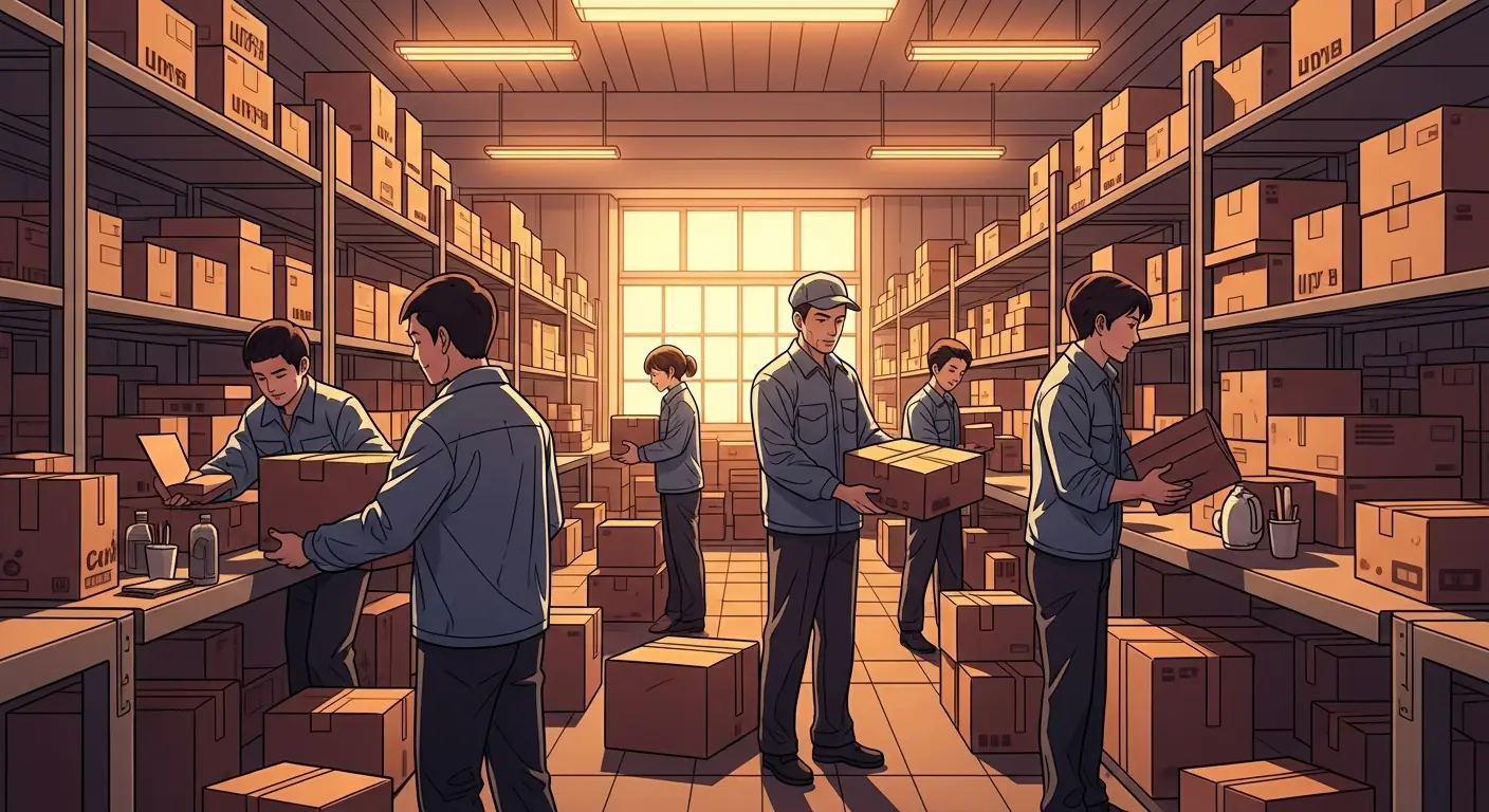 A bustling e-commerce headquarters with workers and screens showing rising transaction numbers
