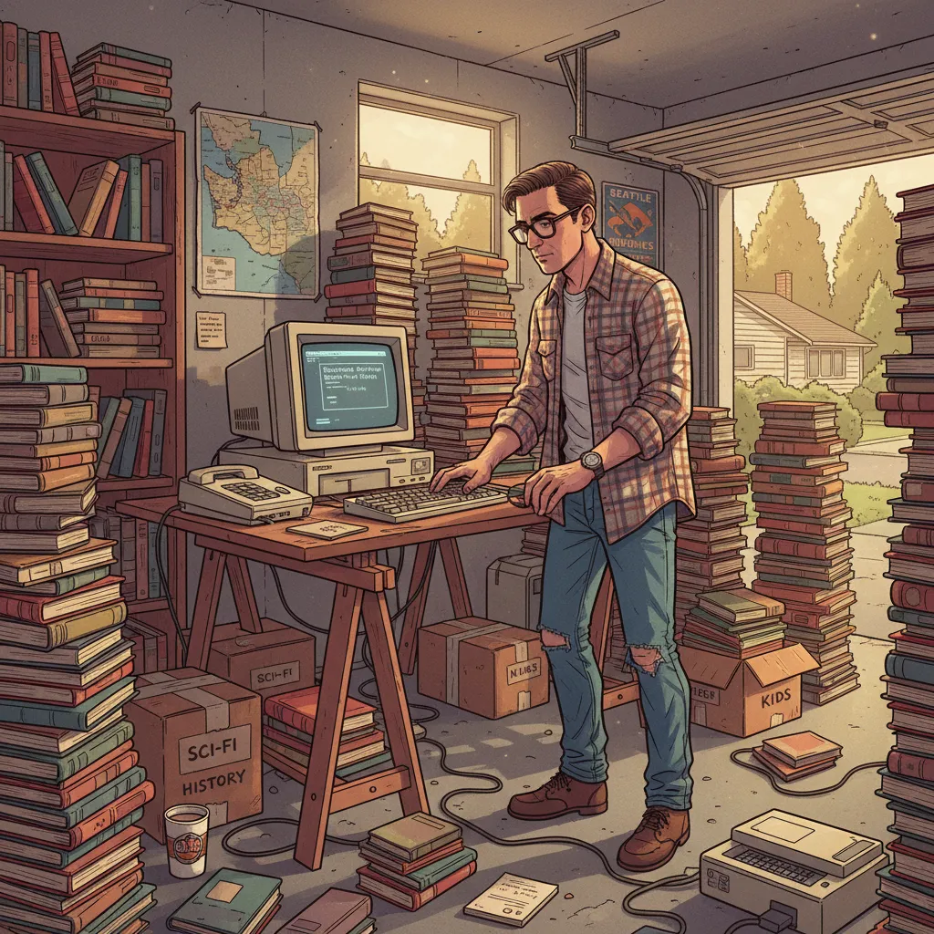 A cramped garage filled with bookshelves, packing materials, and computer monitors — Amazon's first warehouse