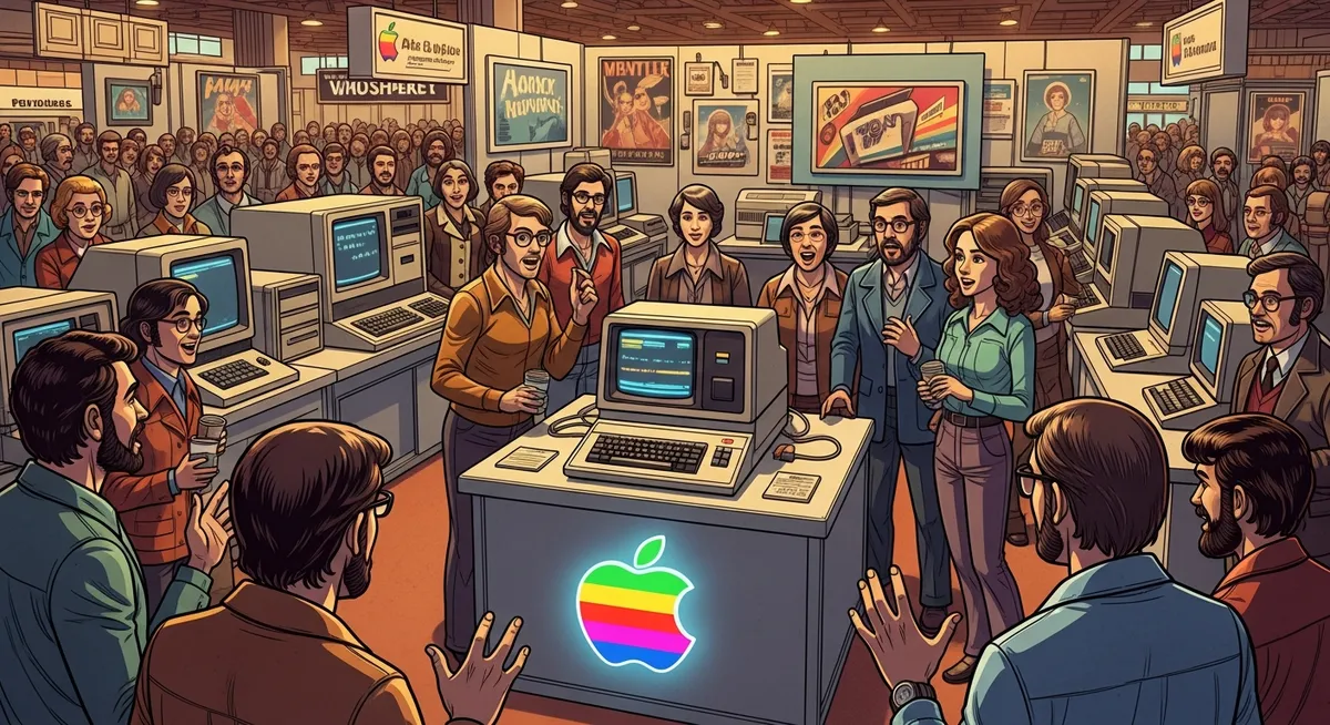 The Apple II computer on a desk with a color monitor displaying a spreadsheet