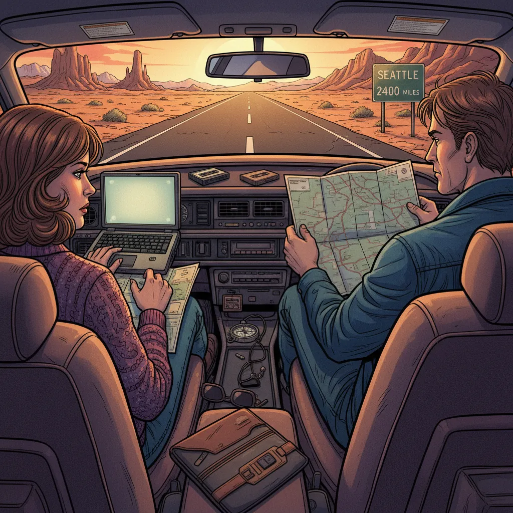 A Chevy Blazer driving across the American desert toward Seattle with boxes in the back seat