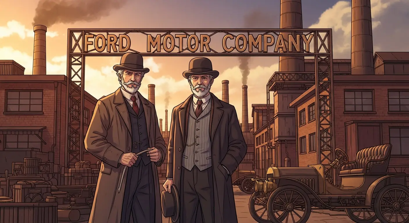 A modest factory in Detroit with the first Ford Model A rolling out the door