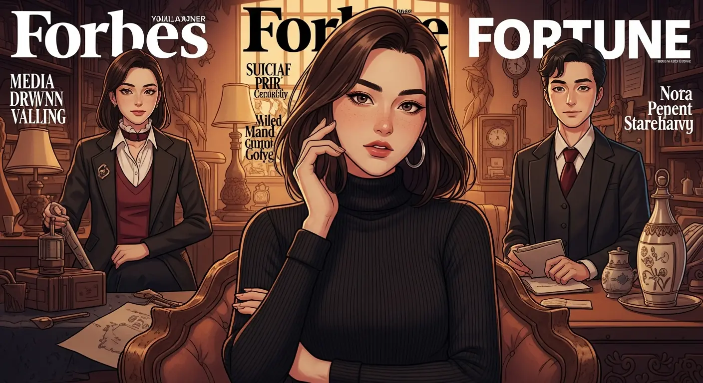 A woman in a black turtleneck on the cover of a major business magazine, surrounded by accolades