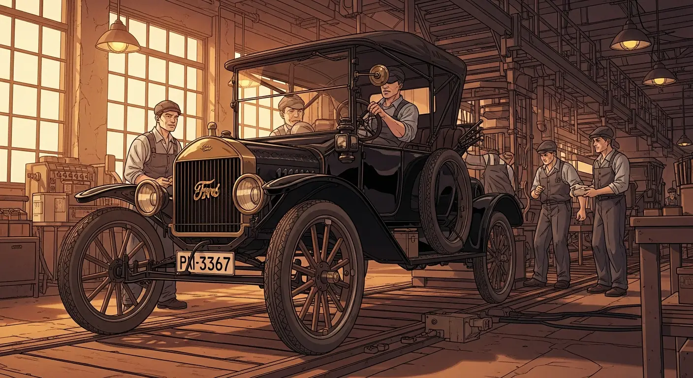 The iconic Model T on a dirt road with a family inside, circa 1910
