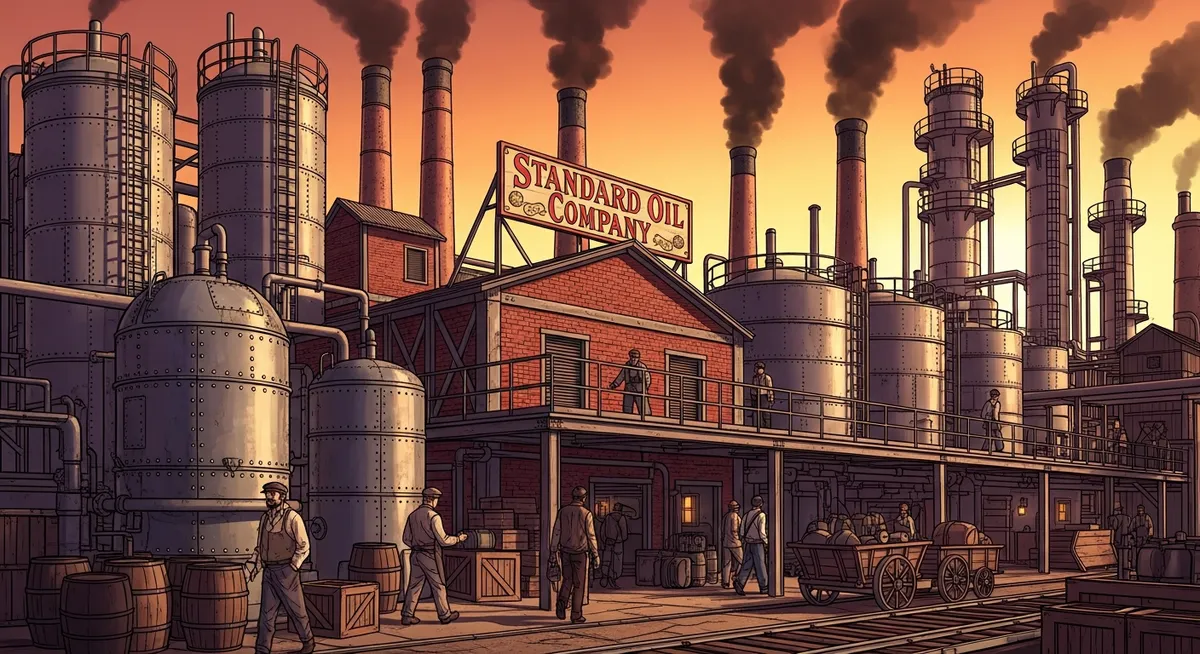 A 19th-century oil refinery with brick buildings, smokestacks, and wooden barrels