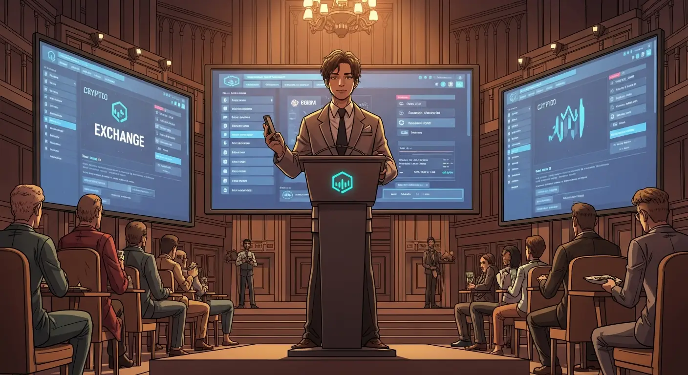 A sleek, futuristic crypto exchange interface glowing on a massive display in a modern office