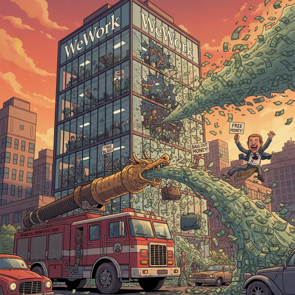 A firehose of cash spraying money into a glass office building — the Vision Fund era