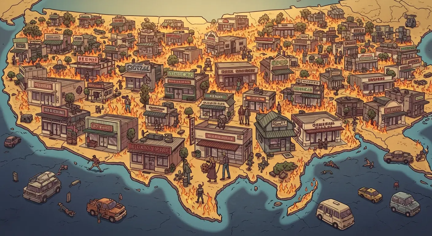 A corporate office with stock certificates and a map showing store locations spreading across the American South and Midwest