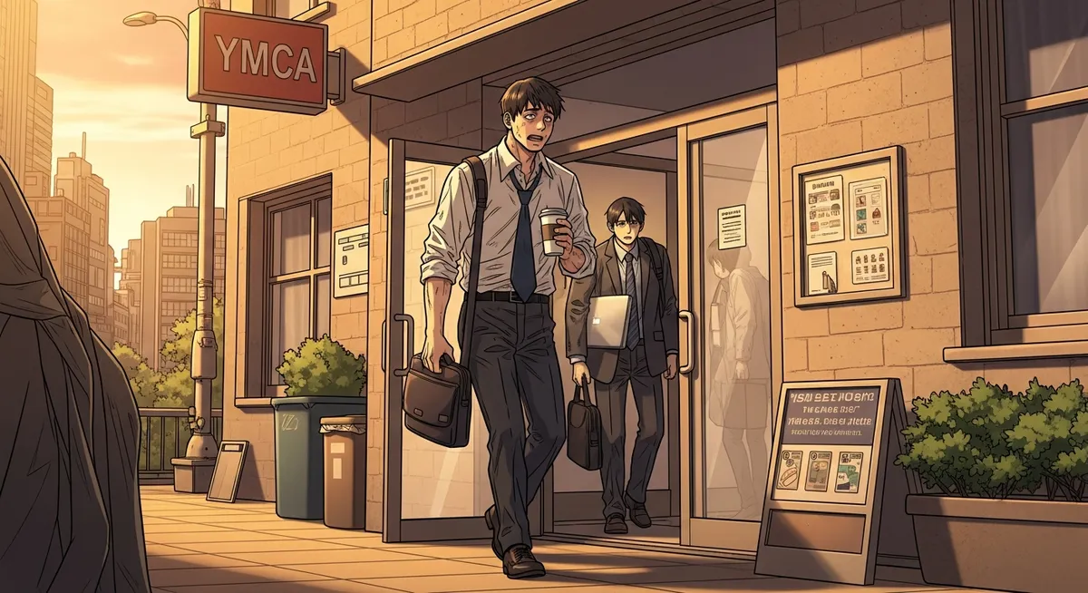 Young entrepreneur leaving the YMCA at dawn — sleeping at the office, showering at the gym