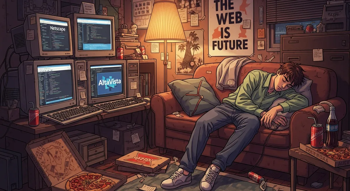Young entrepreneur sleeping on a futon in a 1990s startup office surrounded by CRT monitors