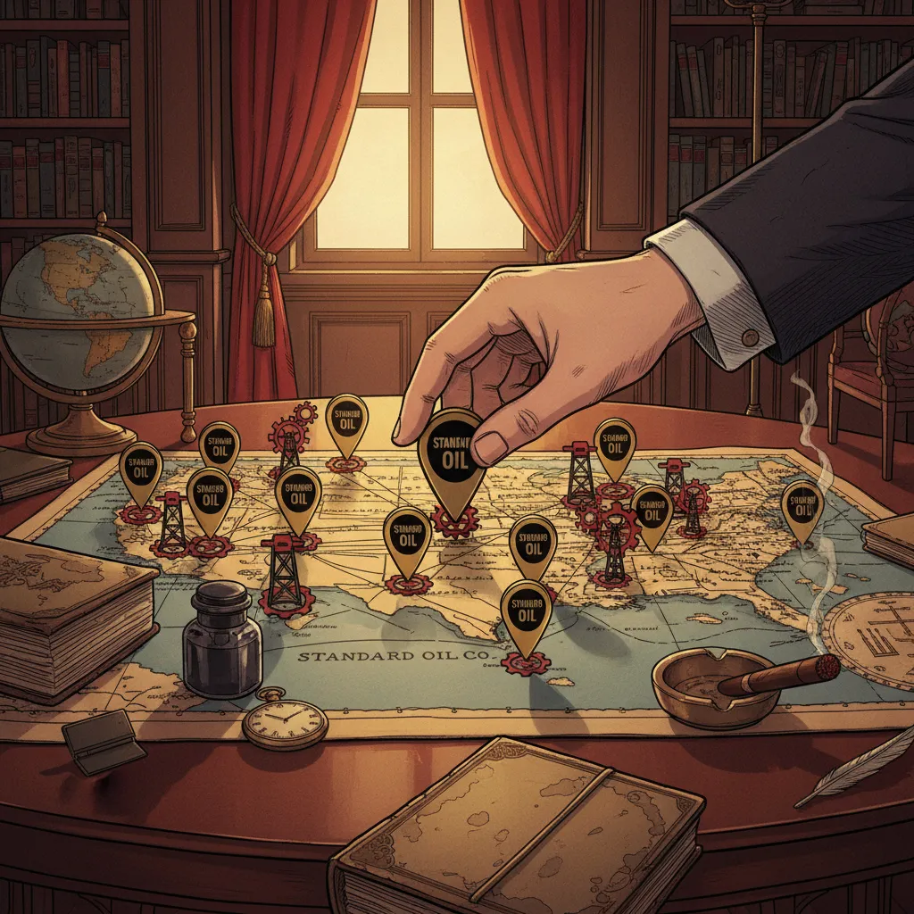 Rockefeller's ledger showing the acquisition of rival refineries — one by one, the competition disappeared