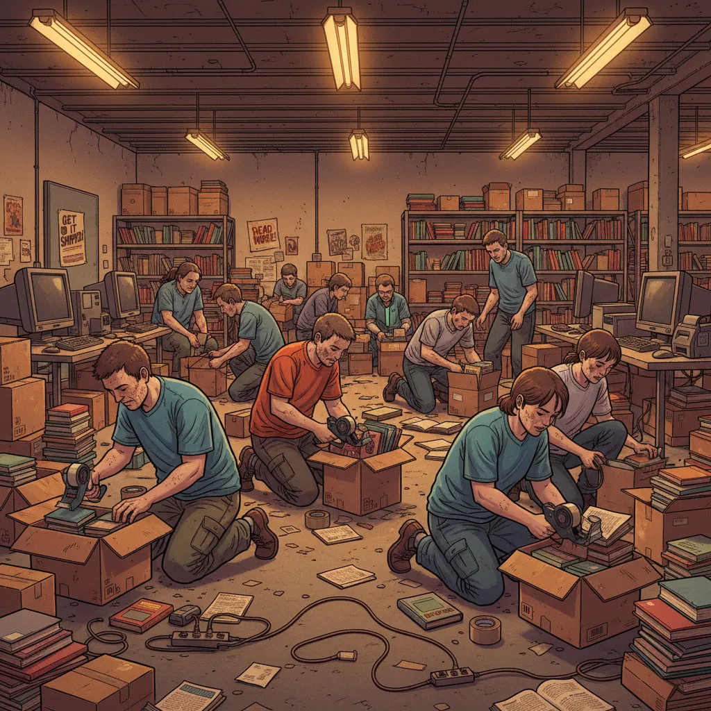 Amazon's early warehouse — workers packing books on folding tables under fluorescent lights