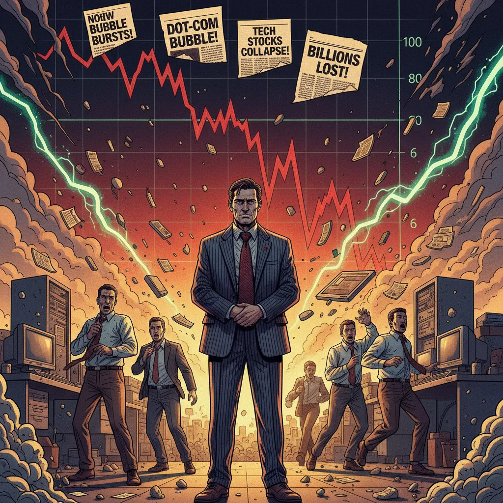 A stock market chart showing Amazon's dramatic crash from $100 to $6 during the dot-com bust