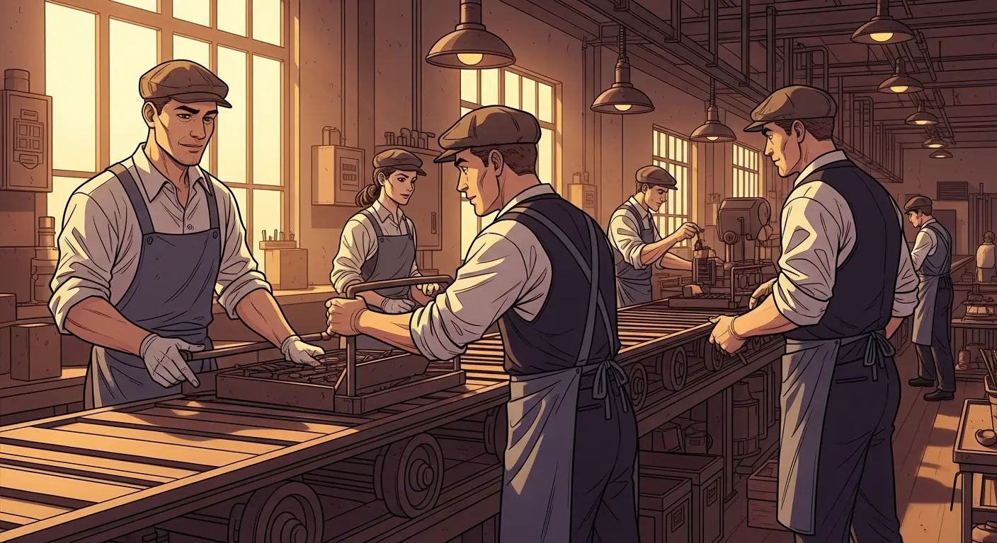 A vast factory interior with a moving conveyor belt and workers each performing one task
