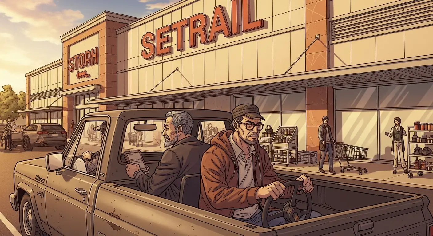 A folksy older man in a trucker cap driving an old pickup truck past a massive Walmart Supercenter