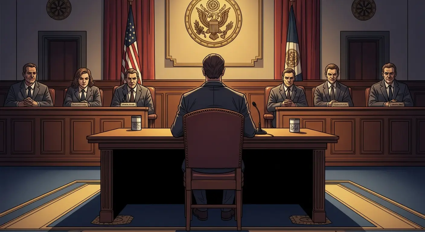 A figure sitting alone at a conference table in front of congressional microphones, under harsh overhead lighting