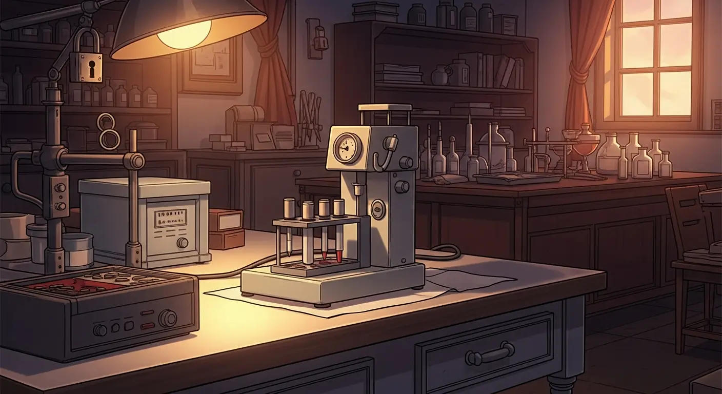 Engineers working frantically around a miniaturized blood-testing device in a secret lab