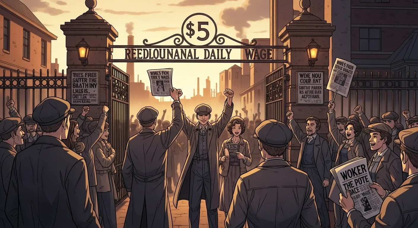 A massive crowd of men in winter coats pressing against factory gates, 1914