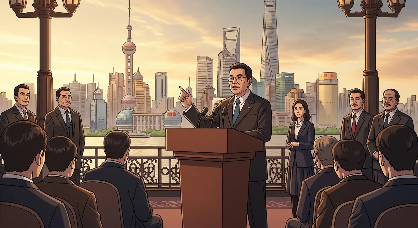 A confident businessman at a podium delivering a provocative speech to a formal audience