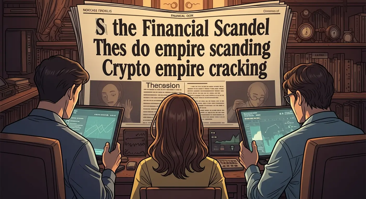 A newspaper front page with devastating financial headlines, stock charts plummeting, and a crypto exchange logo cracking apart