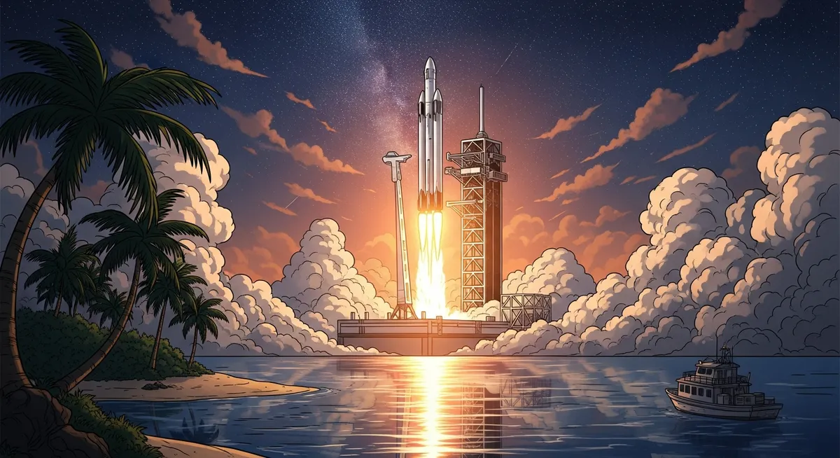 SpaceX Falcon rocket launching from a tropical island at night with massive flames