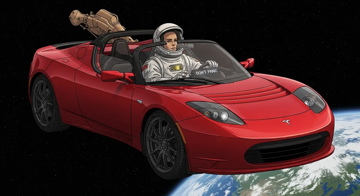 Starman in orbit — Musk's personal Tesla Roadster floating through space with Earth behind it