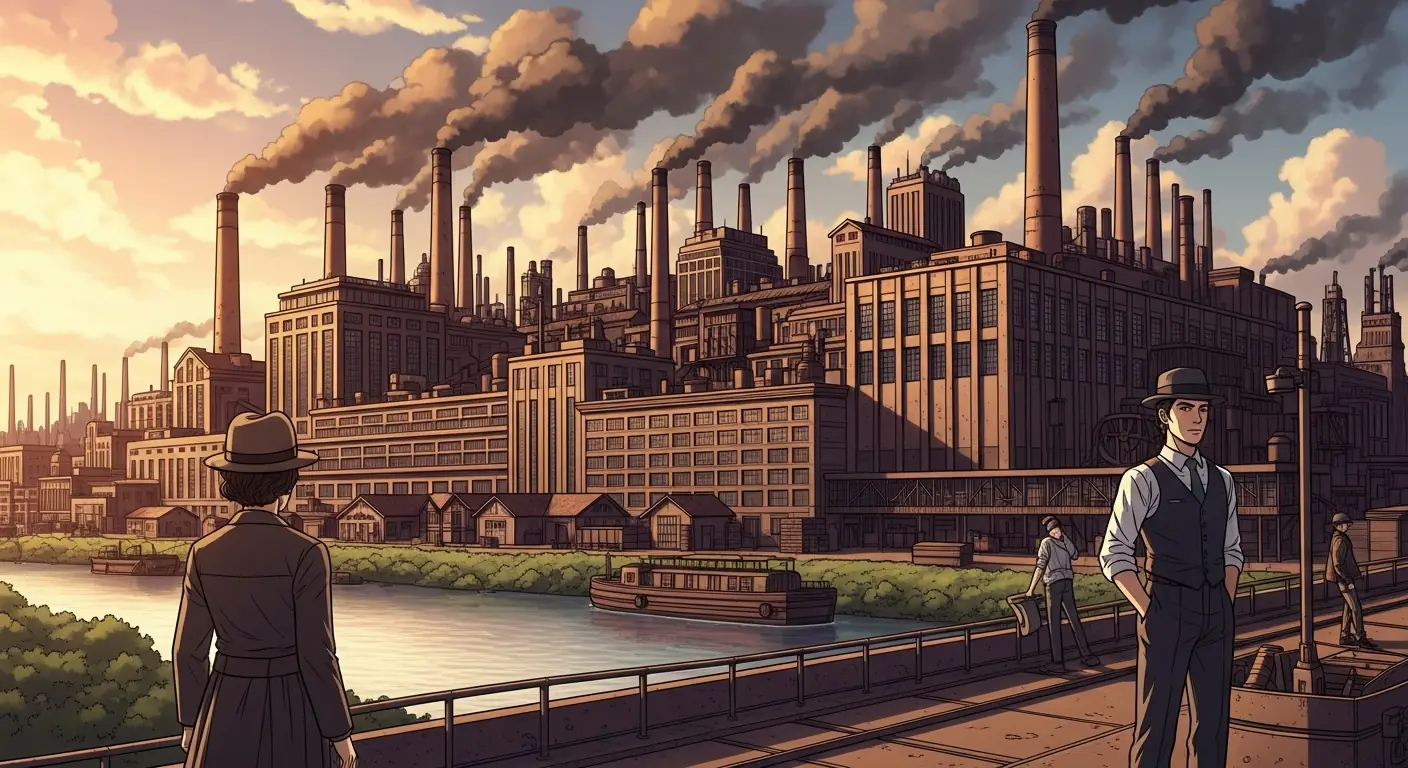An immense industrial complex with smokestacks, blast furnaces, and rail lines stretching to the horizon