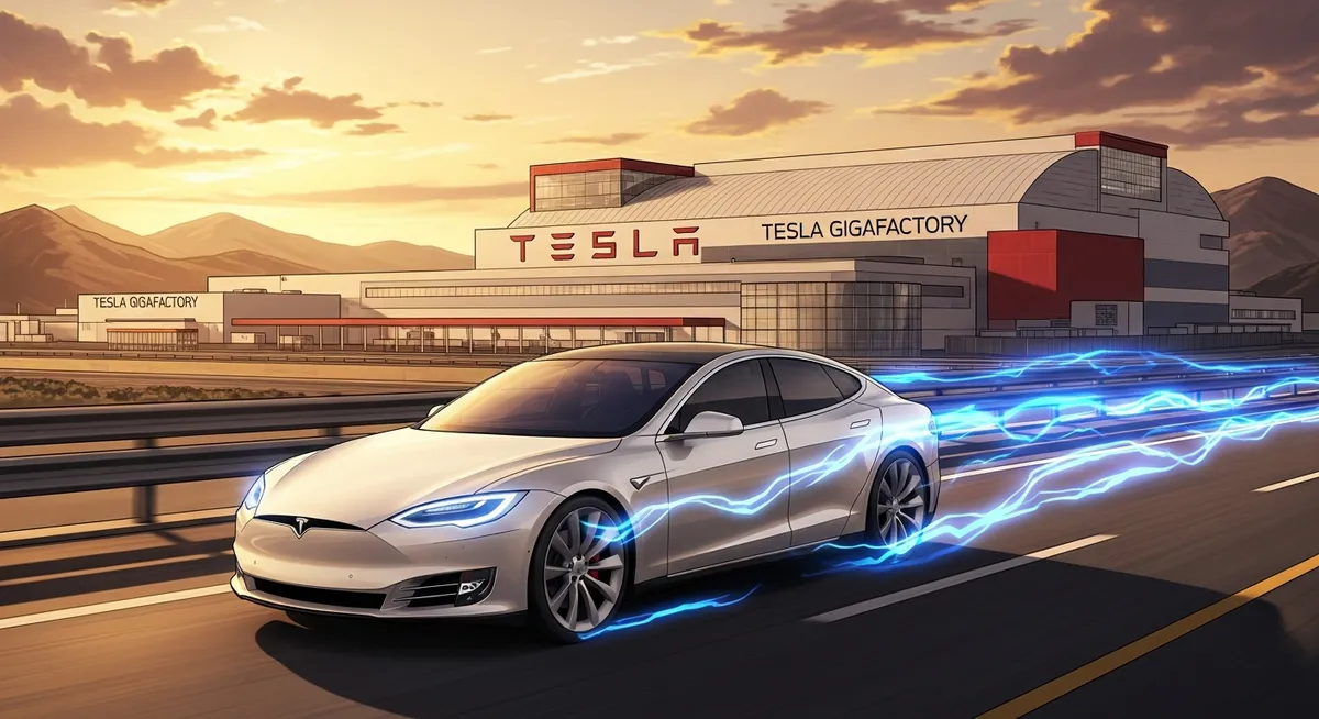 Sleek white Tesla Model S driving on a highway at sunset with Gigafactory in the background