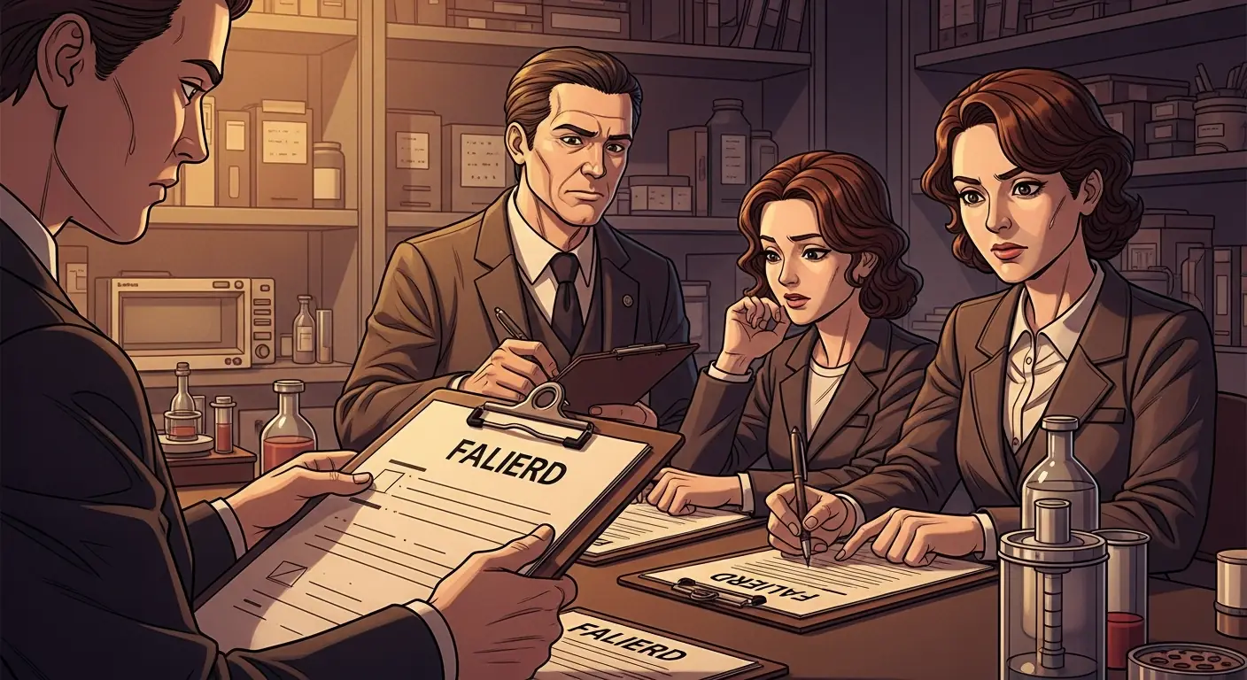 Federal inspectors examining laboratory equipment while executives watch nervously