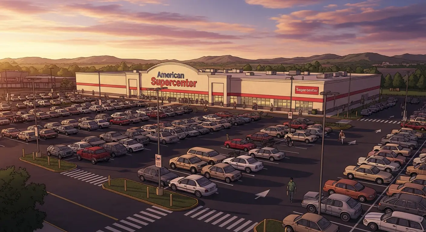 A massive Walmart Supercenter at night, glowing against a rural American landscape