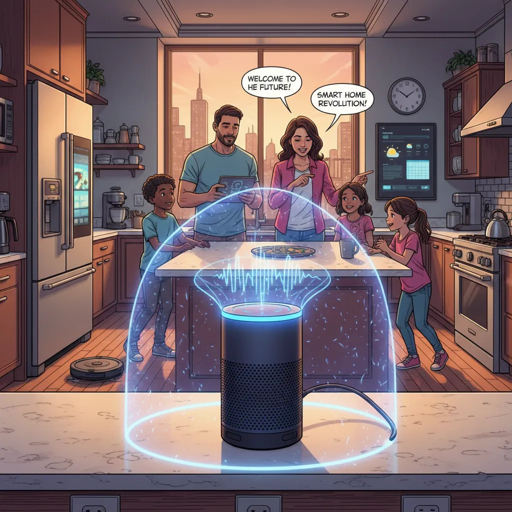 The Amazon Echo speaker glowing blue in a modern living room — Alexa listening