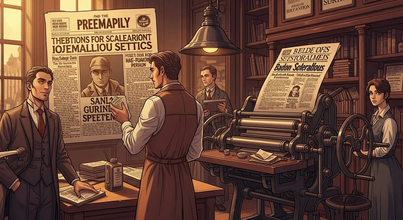 Stacks of newspapers with hateful headlines rolling off a printing press