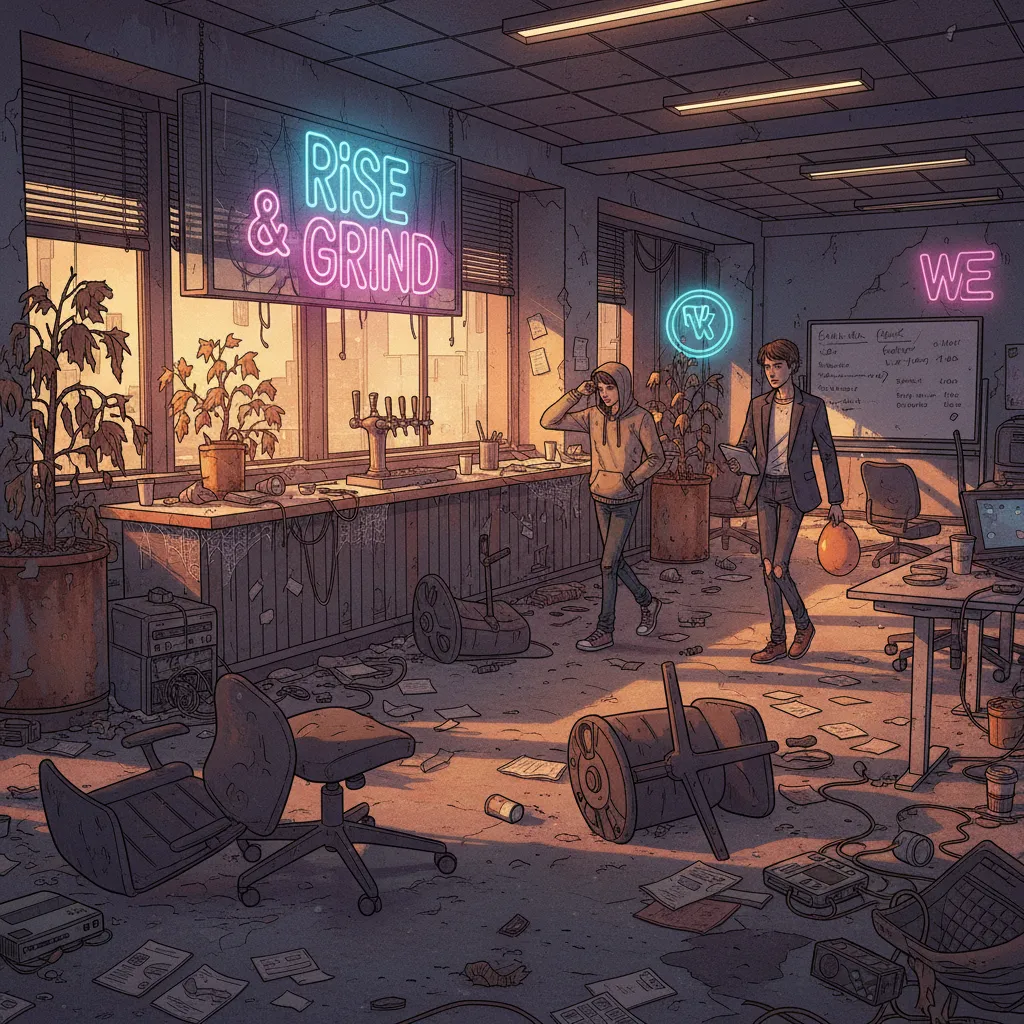 An empty, abandoned WeWork office with overturned chairs and dead plants