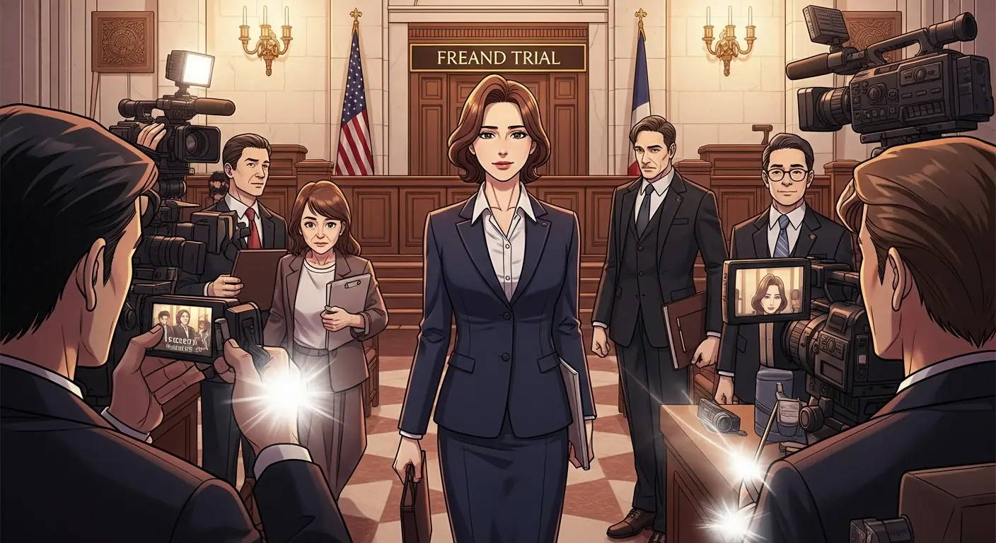 A woman in a gray suit walking up the courthouse steps, flanked by lawyers, surrounded by press