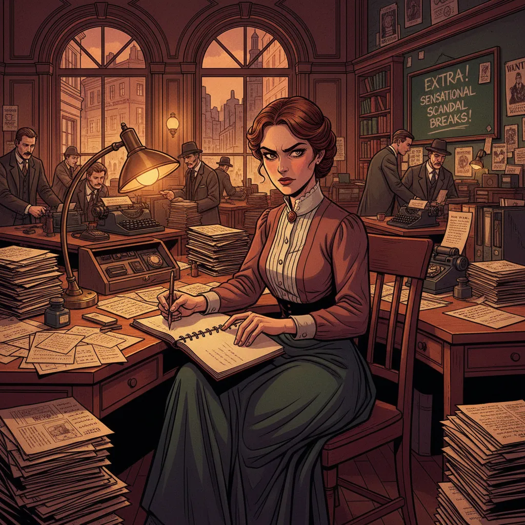 A determined woman journalist writing at a desk piled with Standard Oil documents