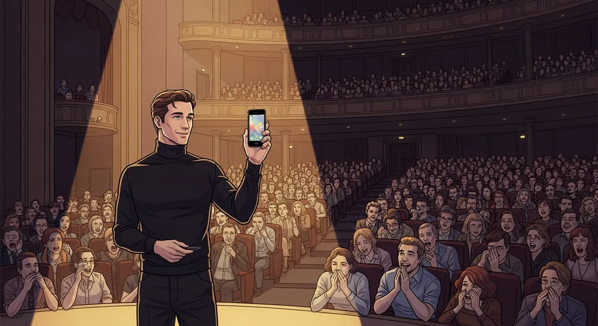 Steve Jobs on stage holding up the original iPhone for the first time