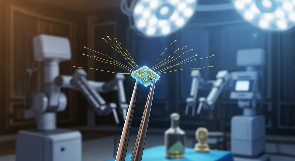The Neuralink chip — a tiny device with microscopic threads that connects the brain to computers