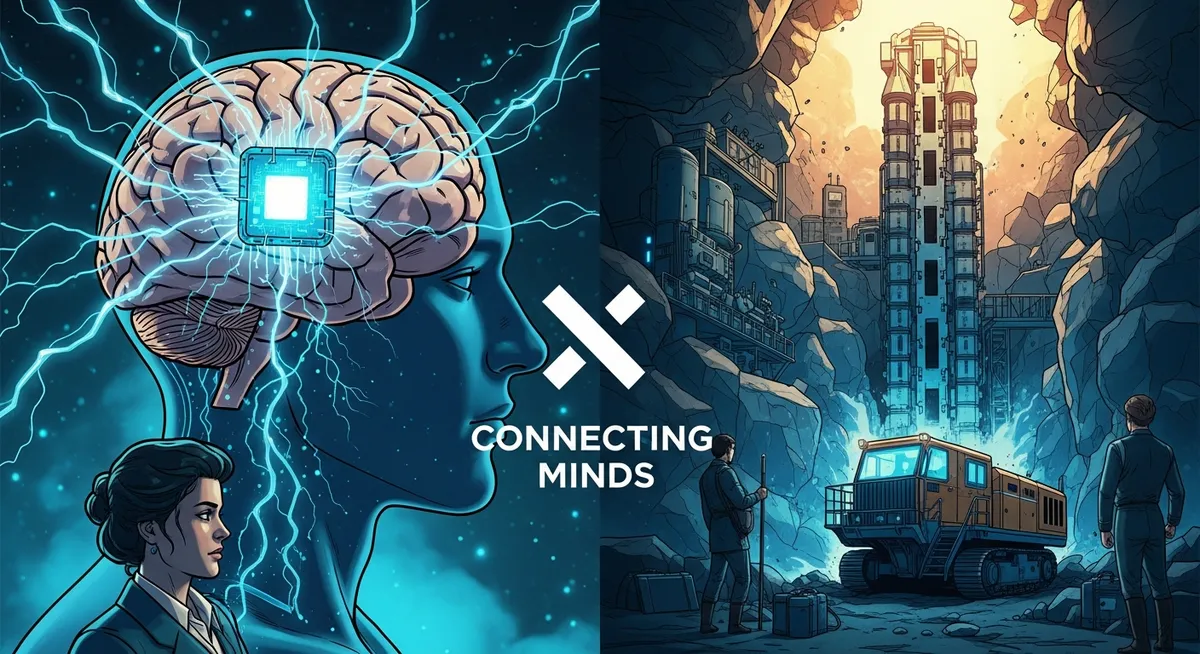Neuralink brain chip with neural connections lighting up, Twitter X logo and tunnel boring machine in background