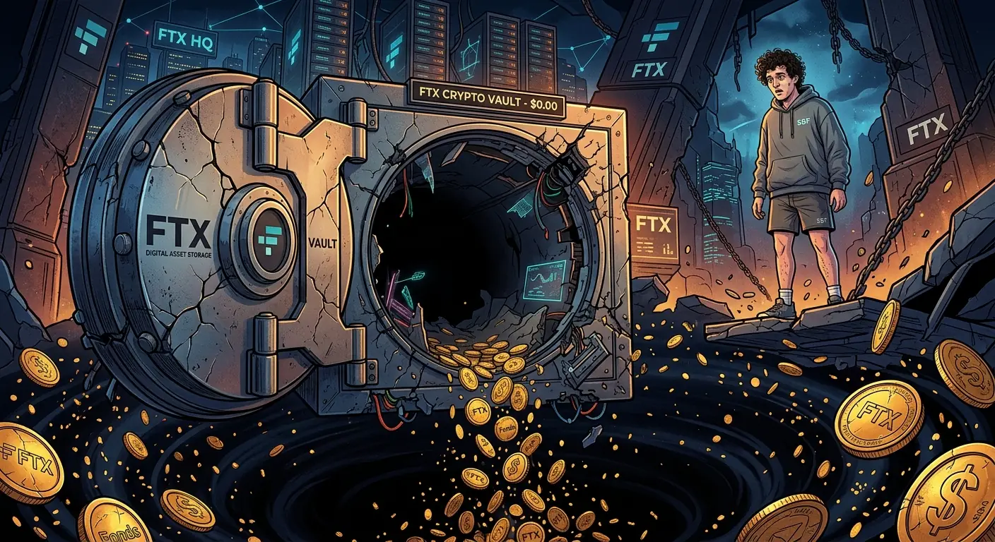A massive digital vault cracked open and empty, with scattered coins falling into a dark void