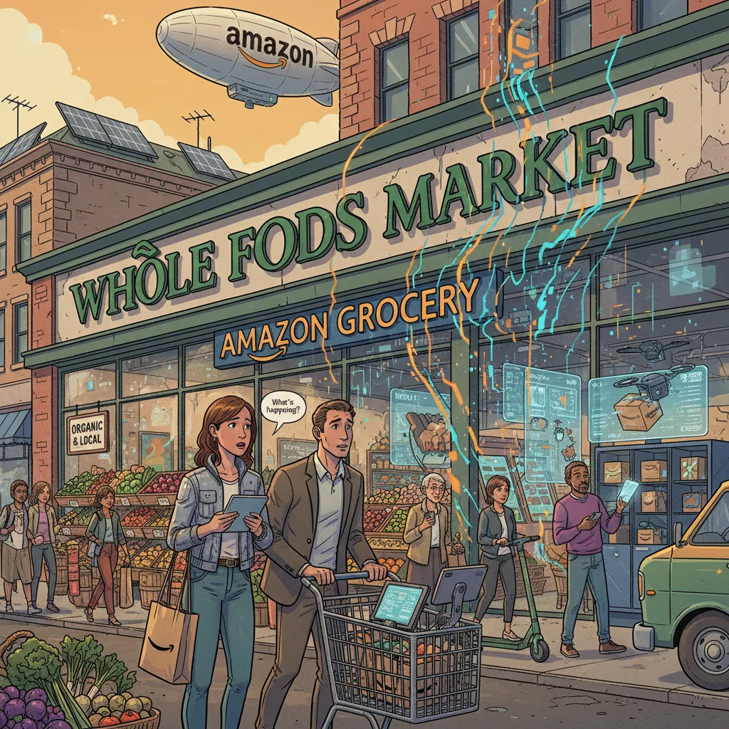 Whole Foods storefront with the Amazon smile logo appearing on the awning