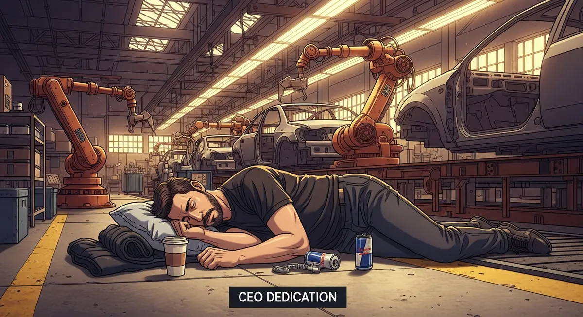 A CEO sleeping on the factory floor next to an assembly line — extreme dedication