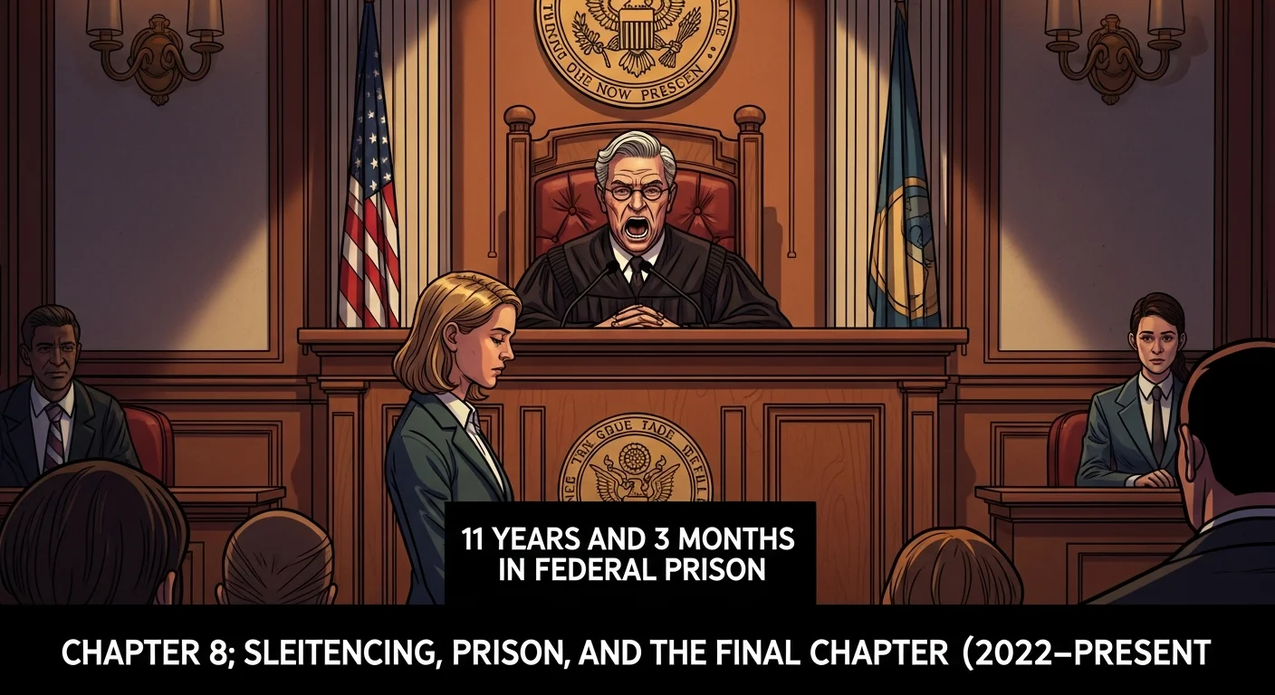 A woman standing alone in a stark courtroom, head bowed, as a judge reads the sentence