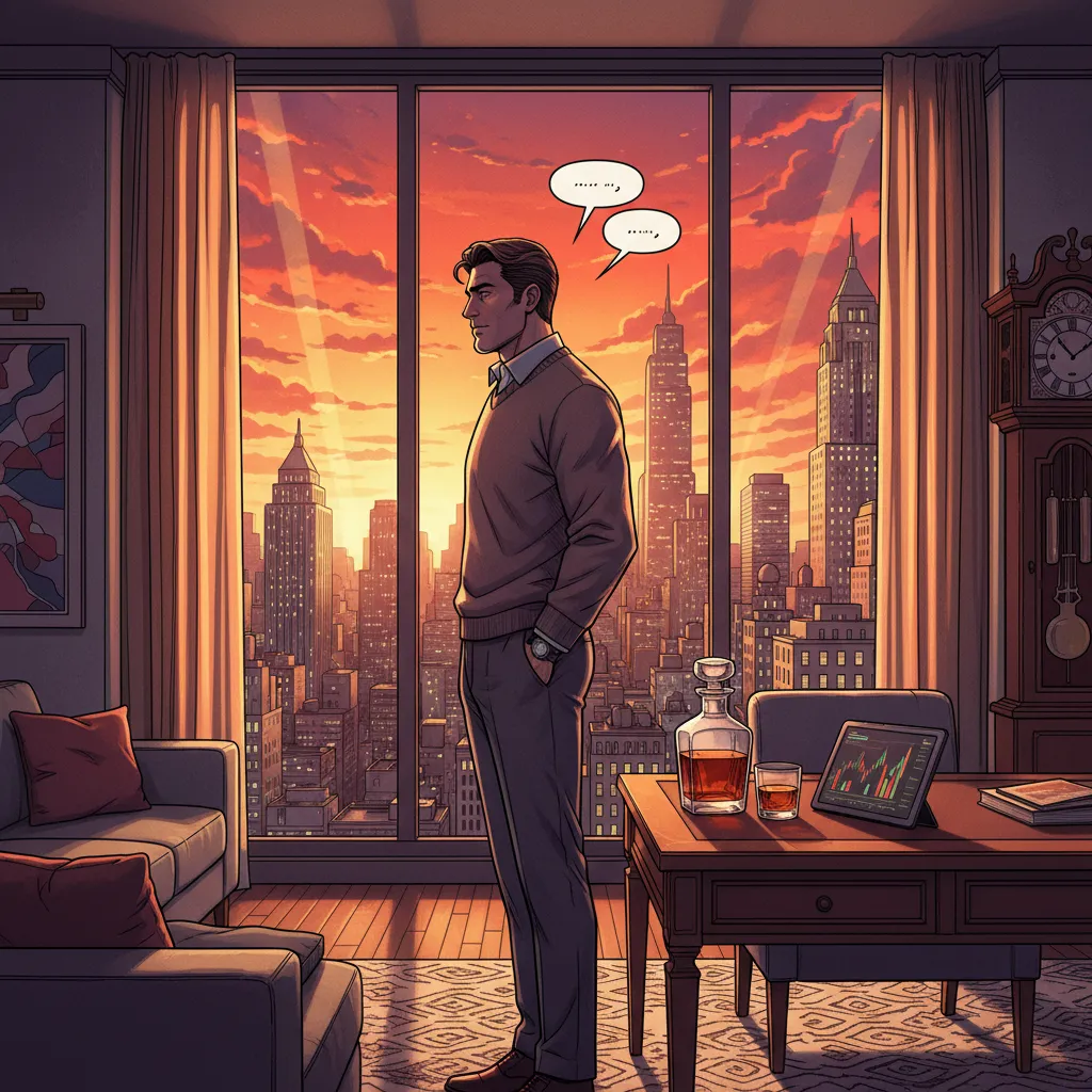 A man in a tailored suit overlooking New York City from a luxury penthouse — unbowed by failure