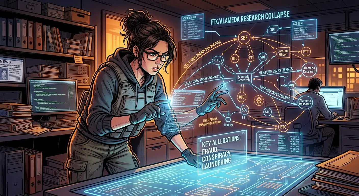 A forensic investigator examining a complex web of financial documents and digital transactions on a holographic display