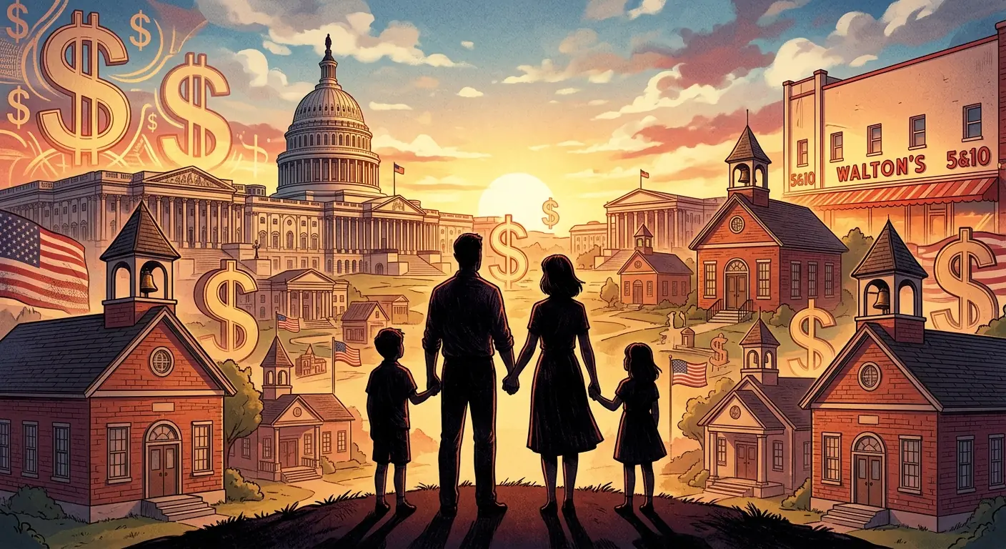 A family silhouette against the backdrop of the American political landscape, with dollar signs and school buildings
