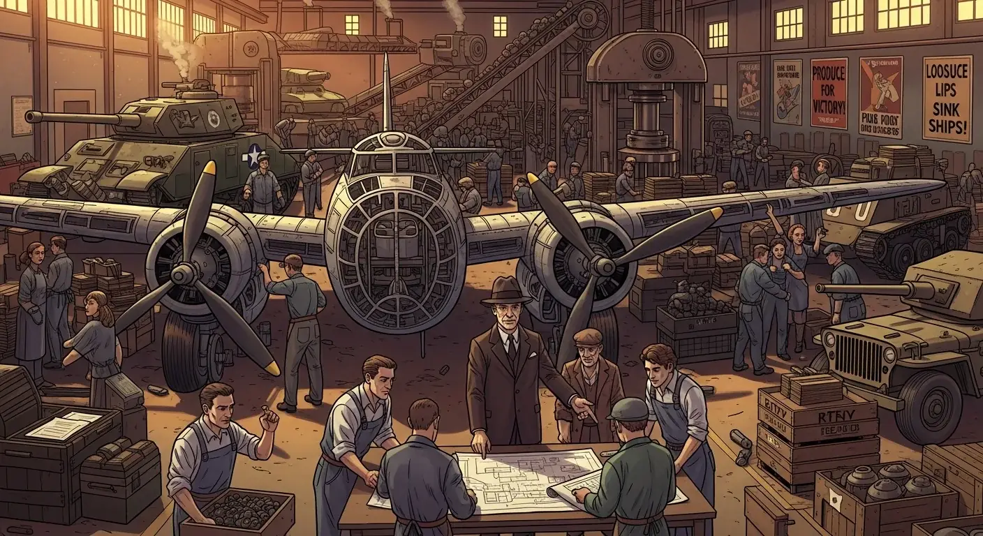 B-24 Liberator bombers on an enormous assembly line inside a factory, circa 1943