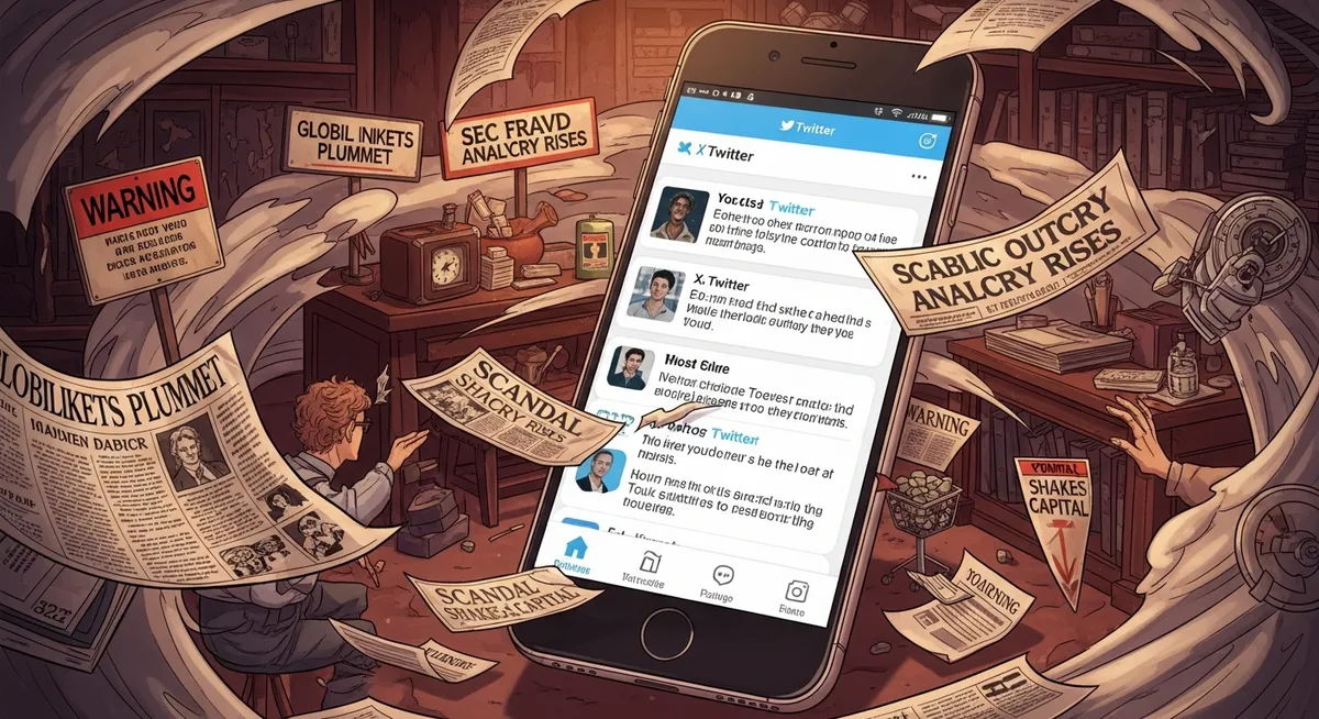 Controversial tweets on a phone screen with newspaper headlines and SEC documents swirling