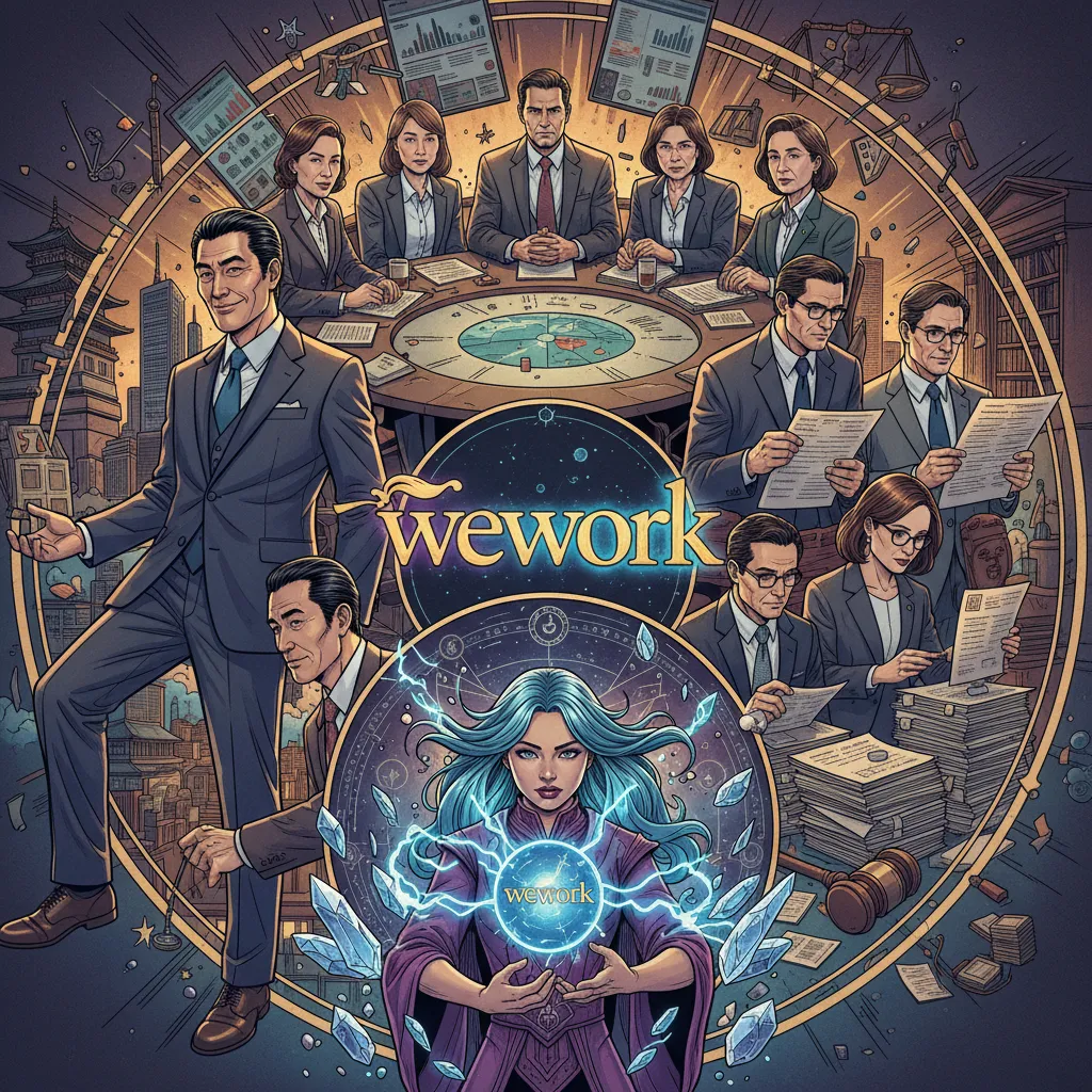 A gallery of portrait frames on a WeWork wall — the key players in the saga