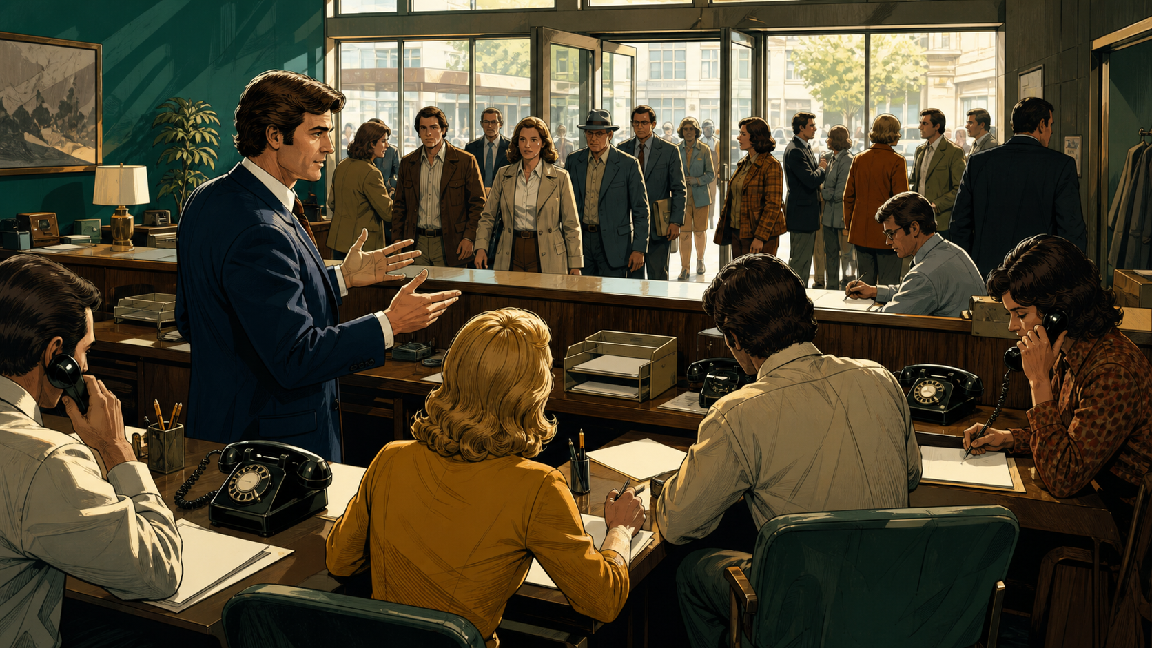 Charles Schwab in a 1970s San Francisco brokerage as fixed commission boards crack open and ordinary investors approach the trading desk
