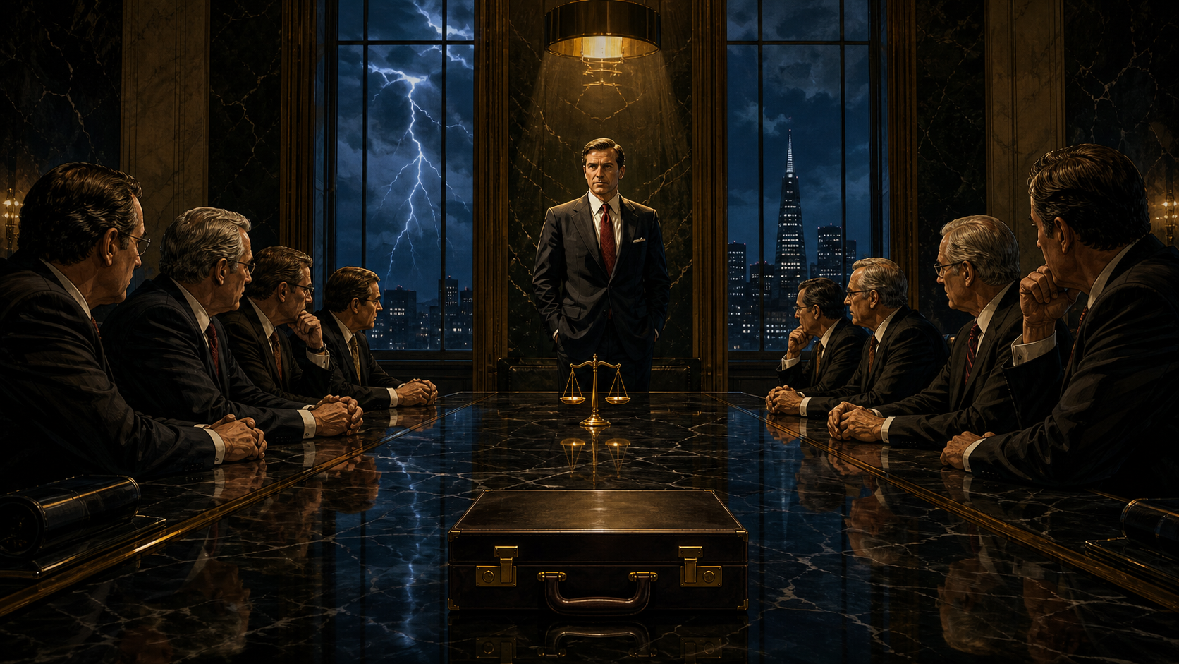 Charles Schwab negotiating across a vast bank boardroom, with his discount brokerage visible as a smaller but faster machine he is determined to reclaim