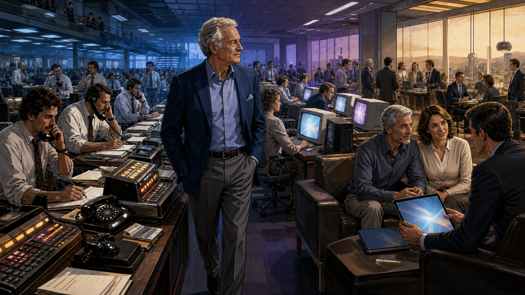 A sweeping timeline from Schwab telephone trading and branch counters to online dashboards, mutual fund shelves, and independent adviser custody
